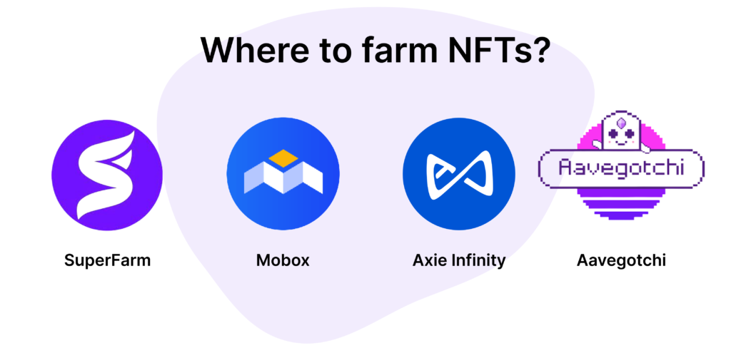 Where to farm NFTs?
SuperFarm
Mobox
Axie Infinity
Aavegotchi
NFTrade